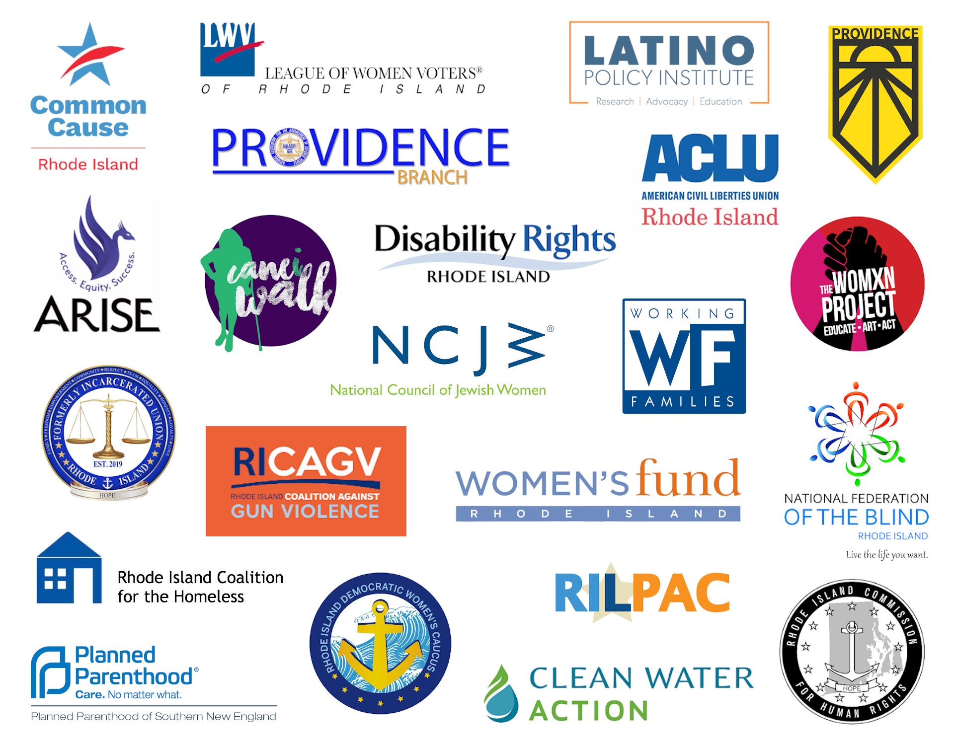 An image depicting the logos of 22 community organizations who are involved in the Vote Safe RI project.